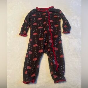 Kickee Pants pajamas - black with raindrops and red umbrellas size 3-6 months